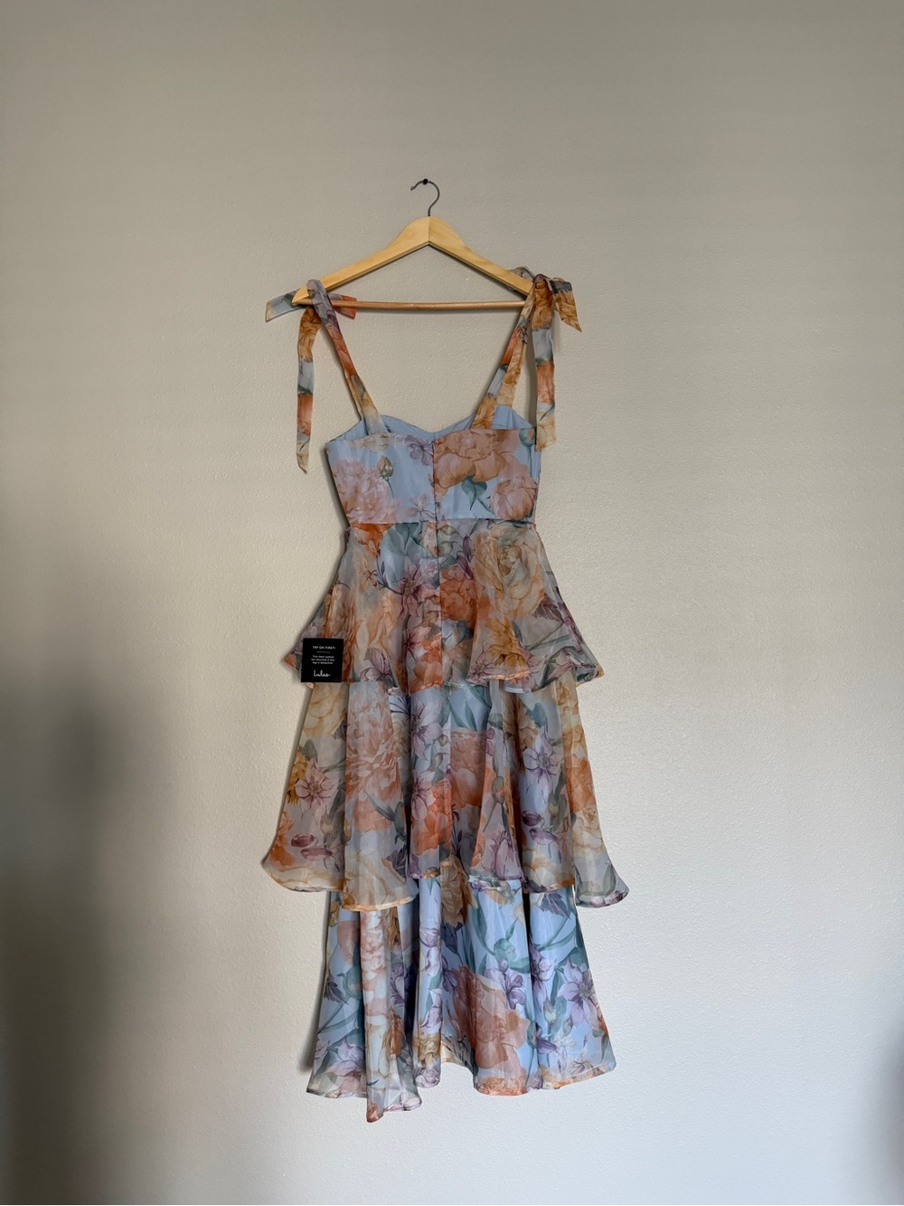 Lulus Playfully Posh Blue Floral Organza Tie-Strap Tiered Midi Dress - Picture 3 of 6